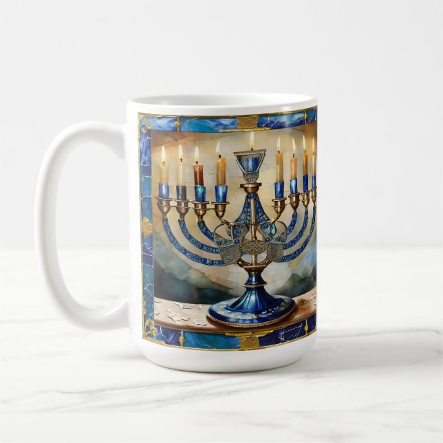 Blue Hanukkah Menorah Coffee Mug (Left)