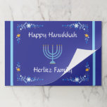 Blue HANUKKAH Menorah Customiz NAME Paper Placemat<br><div class="desc">Personalize
Add your name and customize your Holiday Season message.
 I love painting and design! I hope you enjoy my artwork.</div>
