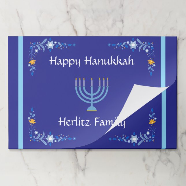 Blue HANUKKAH Menorah Customiz NAME Paper Placemat (Folded)