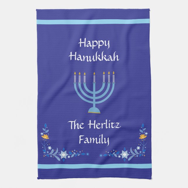 Blue HANUKKAH Menorah Customize NAME Kitchen Towel (Vertical)