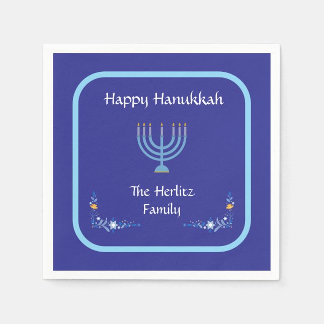 Blue HANUKKAH Menorah Customize NAME Napkins (Front)