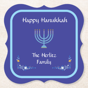 Blue HANUKKAH Menorah Customize NAME Paper Coaster