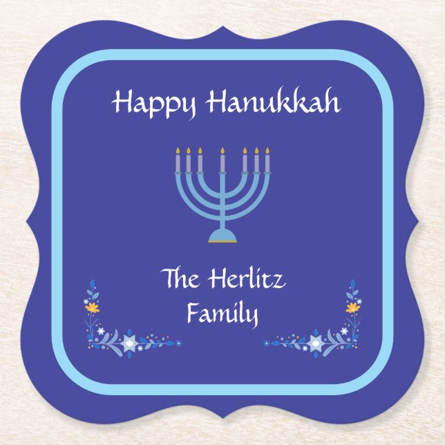 Blue HANUKKAH Menorah Customize NAME Paper Coaster (Front)