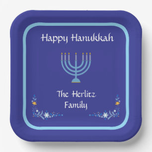Blue HANUKKAH Menorah Customize NAME Paper Plates