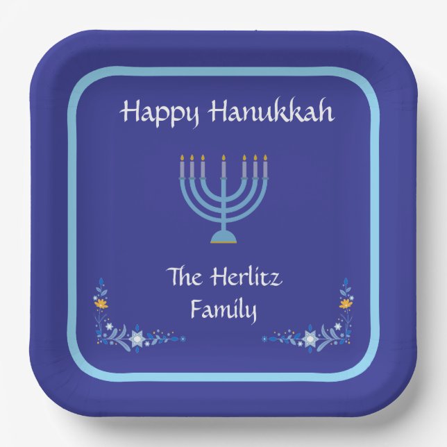 Blue HANUKKAH Menorah Customize NAME Paper Plates (Front)