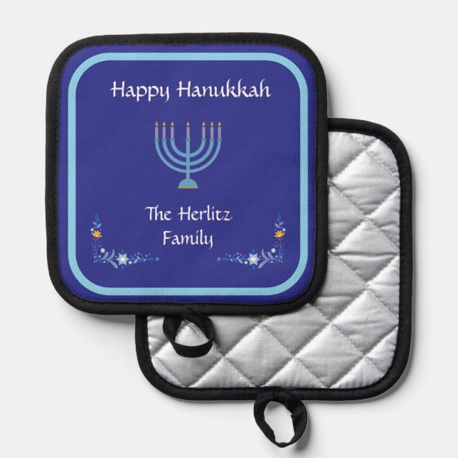 Blue HANUKKAH Menorah Customize NAME Pot Holder (Front/Back)