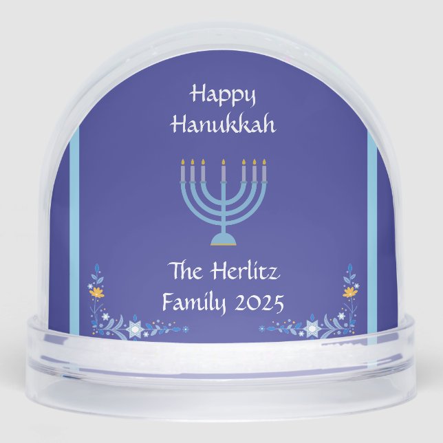 Blue HANUKKAH Menorah Customize PHOTO NAME Snow Globe (Front)