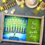 Blue Hanukkah Menorah Live Love Sparkle Shine Serving Tray<br><div class="desc">“Live love sparkle shine.” A close-up photo of a bright, colorful, blue and green artsy menorah helps you usher in the holiday of Hanukkah in style. Feel the warmth and joy of the holiday season whenever you use this stunning, colorful Hanukkah wooden serving tray. This serving tray comes in 2...</div>