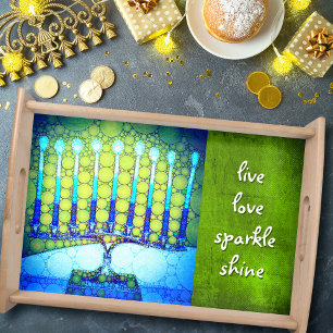 Blue Hanukkah Menorah Live Love Sparkle Shine Serving Tray