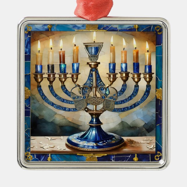 Blue Hanukkah Menorah Metal Ornament (Front)