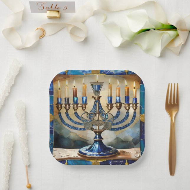 Blue Hanukkah Menorah Paper Plates (Wedding)
