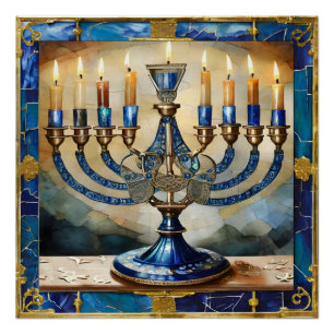 Blue Hanukkah Menorah Poster