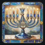 Blue Hanukkah Menorah Square Sticker<br><div class="desc">You are viewing The Lee Hiller Photography Art and Designs Collection of Home and Office Decor,  Apparel,  Gifts and Collectibles. The Designs include Lee Hiller Photography and Mixed Media Digital Art Collection http://LeeHiller.com</div>