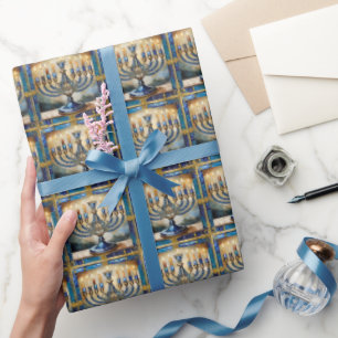Blue Hanukkah Menorah Wrapping Paper