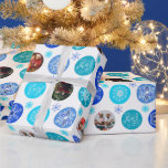 Blue Hanukkah Photo Wrapping Paper<br><div class="desc">This Hanukkah photo wrapping paper has 8 photo slots for you to fill with a blue Snowflakes holiday pattern. This pattern has two sayings “Happy Hanukkah” and “Joy & Peace” in beautiful scrolling serif font. There are 17 different snowflakes with 6 colors of blue. You can use 1-8 photos to...</div>