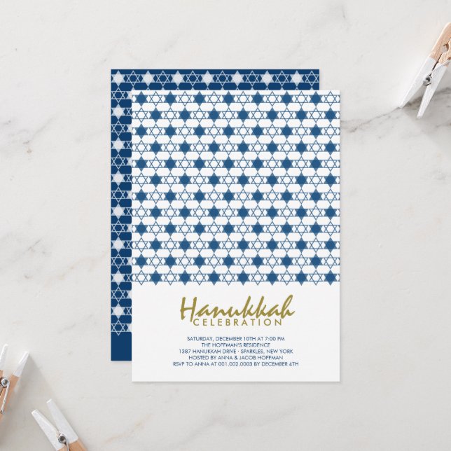 Blue Hanukkah Stars Of David Pattern Holiday Party Invitation (Front/Back In Situ)