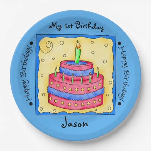 Blue Happy 1st Birthday Cake Plate