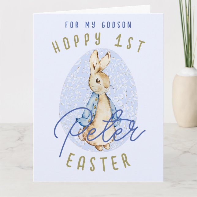 Blue Happy 1st Easter Bunny Egg Godson Name Card (Front)
