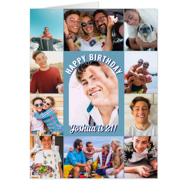 Blue Happy Birthday Arch 12 Photo Collage Big Card (Front)