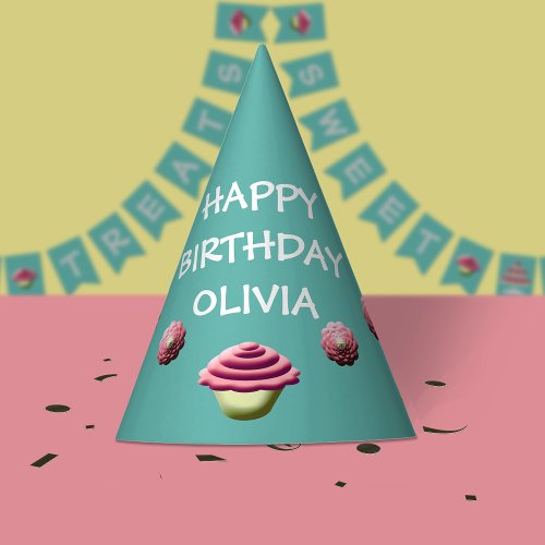 Blue Happy Birthday Cupcake Design Party Hat