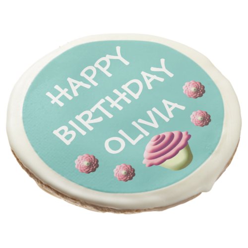 Blue Happy Birthday Cupcake Design Sugar Cookie