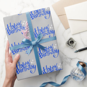 Blue Happy Birthday on Gray Wrapping Paper