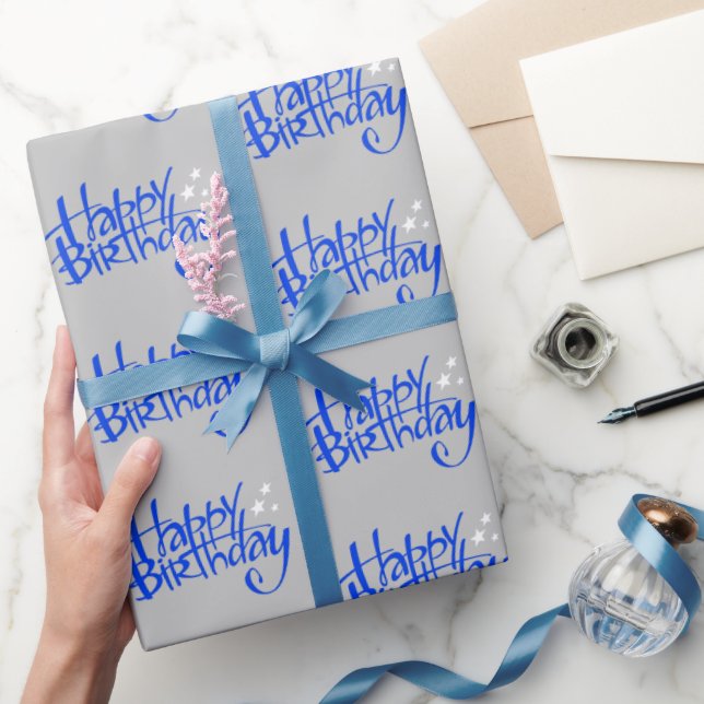 Blue Happy Birthday on Gray Wrapping Paper (Gifting)