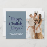 Blue Happy Challah Days Hanukkah Family Photo Holiday Card<br><div class="desc">© Gorjo Designs. Made for you via the Zazzle platform.

// Need help customizing your design? Got other ideas? Feel free to contact me (Zoe) directly via the contact button below.</div>