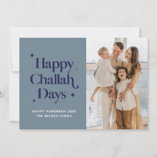 Blue Happy Challah Days Hanukkah Family Photo Holiday Card