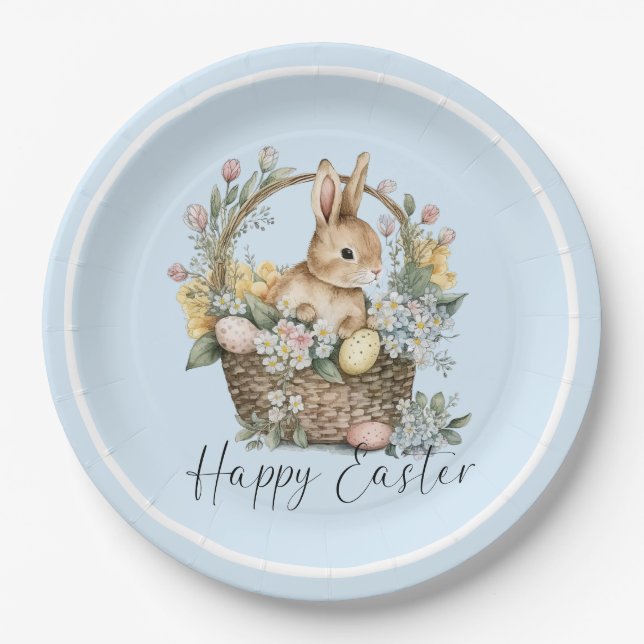 Blue Happy Easter Bunny Paper Plates (Front)
