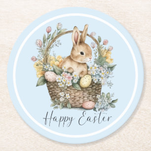 Blue Happy Easter Bunny Round Paper Coaster