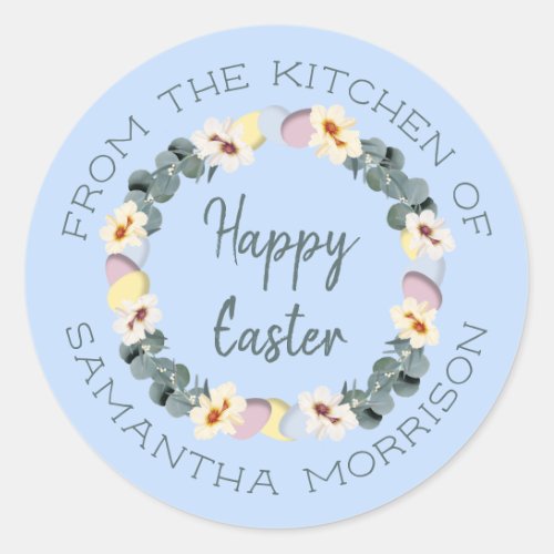 Blue Happy Easter Egg Wreath From The Kitchen Of Classic Round Sticker