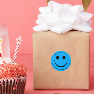 Blue Happy Face Birthday Classic Round Sticker