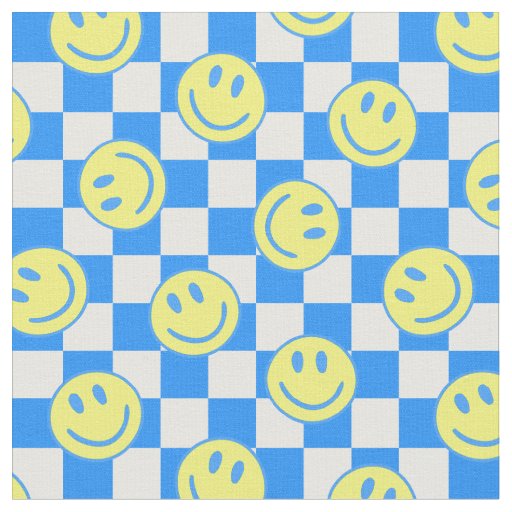 blue happy face check groovy fabric