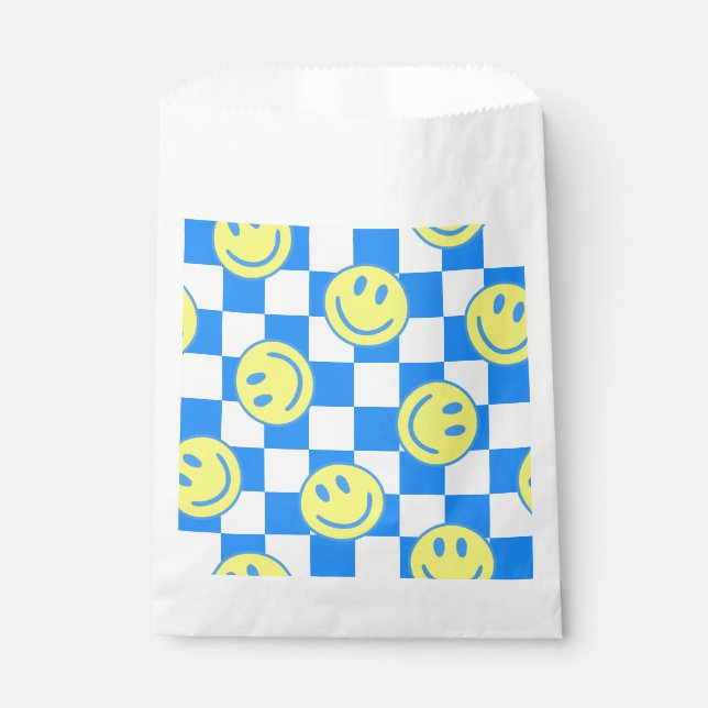 blue happy face check groovy favor bag (Front)