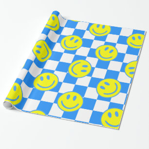 blue happy face check groovy wrapping paper