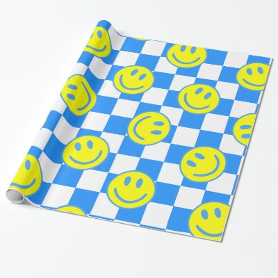 blue happy face check groovy wrapping paper
