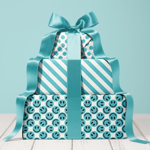 Blue Happy Face Stripes And Polka Dot Wrapping Paper Sheets