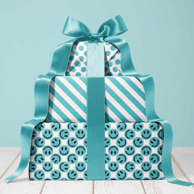 Blue Happy Face Stripes and Polka Dot Wrapping Paper Sheets (Creator Uploaded)