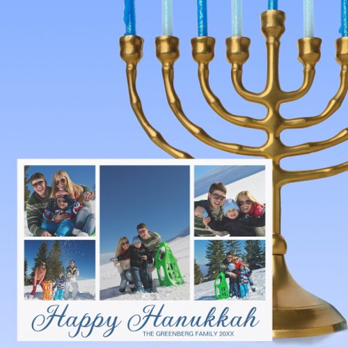 Blue Happy Hanukkah Family Photo Collage Holiday Card