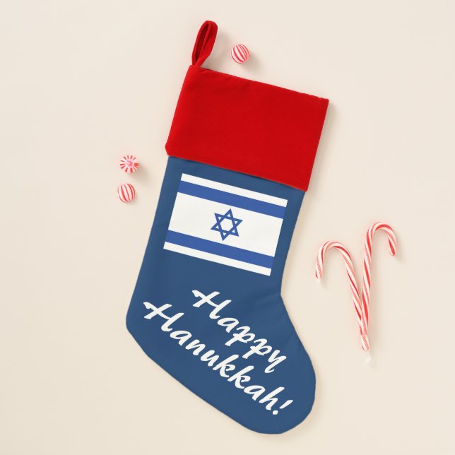 Blue Happy Hanukkah Israel flag Jewish Holiday Christmas Stocking (Front)