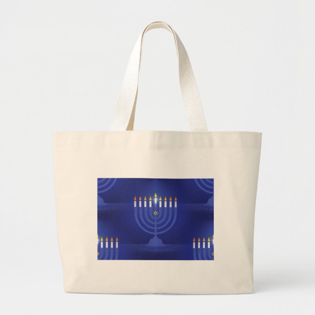 blue happy hanukkah large tote bag (Front)