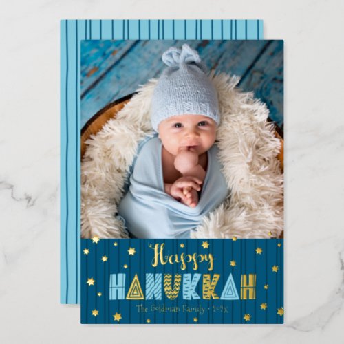 Blue Happy Hanukkah Photo Cute Modern Real Gold Foil Holiday Card