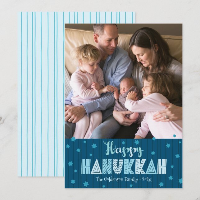 Blue Happy Hanukkah Photo Modern Fun Typography Holiday Card (Front/Back)