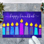 Blue Happy Hanukkah Script Modern Boho Candle Name Doormat<br><div class="desc">“Happy Hanukkah.” Decorate your entryway in “style” with this unique, fun custom personalized name holiday welcome mat! A playful, modern, artsy illustration of boho pattern candles in a menorah helps you usher in the holiday of Hanukkah. Assorted blue candles with colorful faux foil patterns and gold faux foil flames overlay...</div>