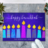 Blue Happy Hanukkah Script Modern Boho Candle Name