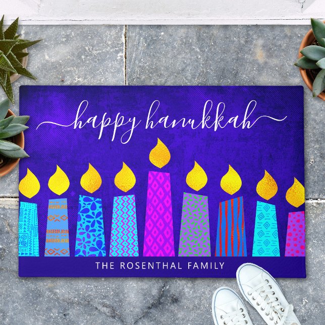 Blue Happy Hanukkah Script Modern Boho Candle Name Doormat (Creator Uploaded)