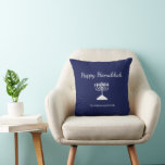 Blue Happy Hanukkah Simple Menorah    Throw Pillow<br><div class="desc">Happy Hanukkah Blue Holiday decor throw pillow,  with a simple white menorah and script typography design. With white customizable lettering,  you can add your own information. A festive decoration to celebrate with friends and loved ones.</div>