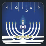 Blue Happy Hanukkah Star Menorah Candle Lights Square Sticker<br><div class="desc">Celebrate the Festival of Lights in style with these lovely Happy Hanukkah stickers. This festive design features a white candlelit menorah on a blue background with Happy Hanukkah written at the bottom in gold. Small decorative Magen David or Star of David hang from the top of the design. Great for...</div>