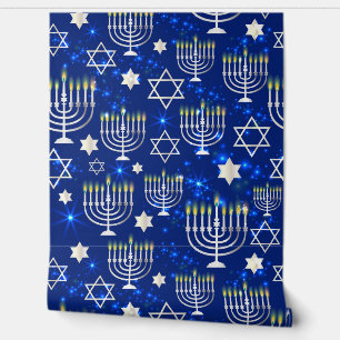Blue Happy Hanukkah Star Of David Menorah Modern Wallpaper